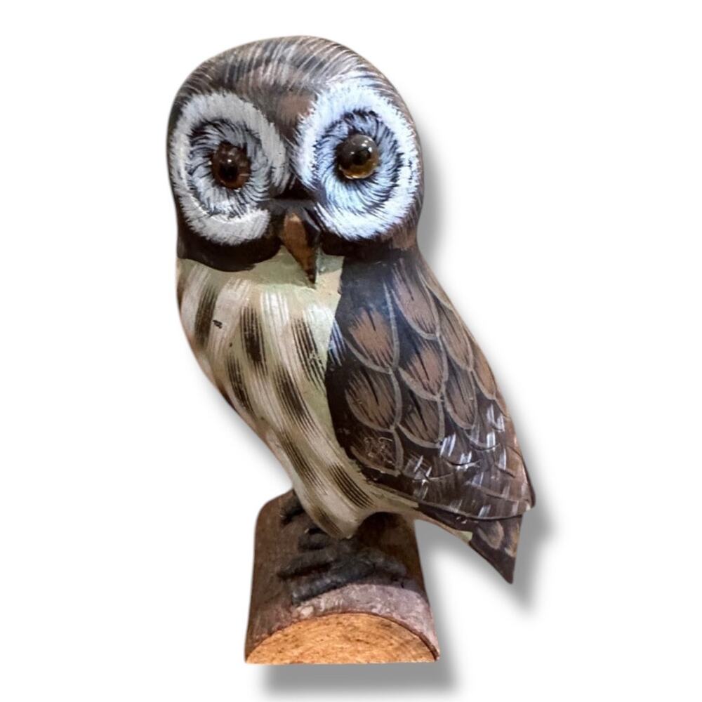 Vintage Hand Painted Owl on a Log